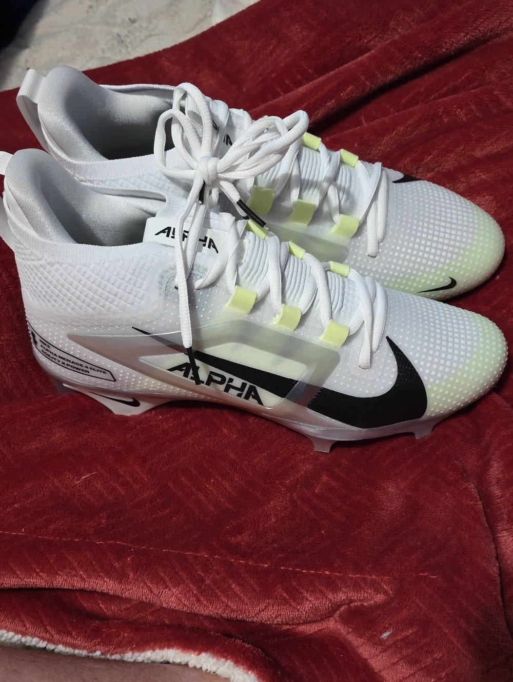 Nike White Alpha Football Cleats with Black Swoosh and Lime Accents